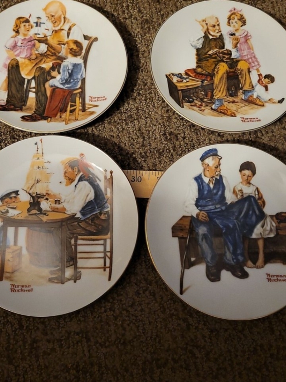 Norman Rockwell Decorative Collector Plates Set - White, Brown, Blue, Gold Trim